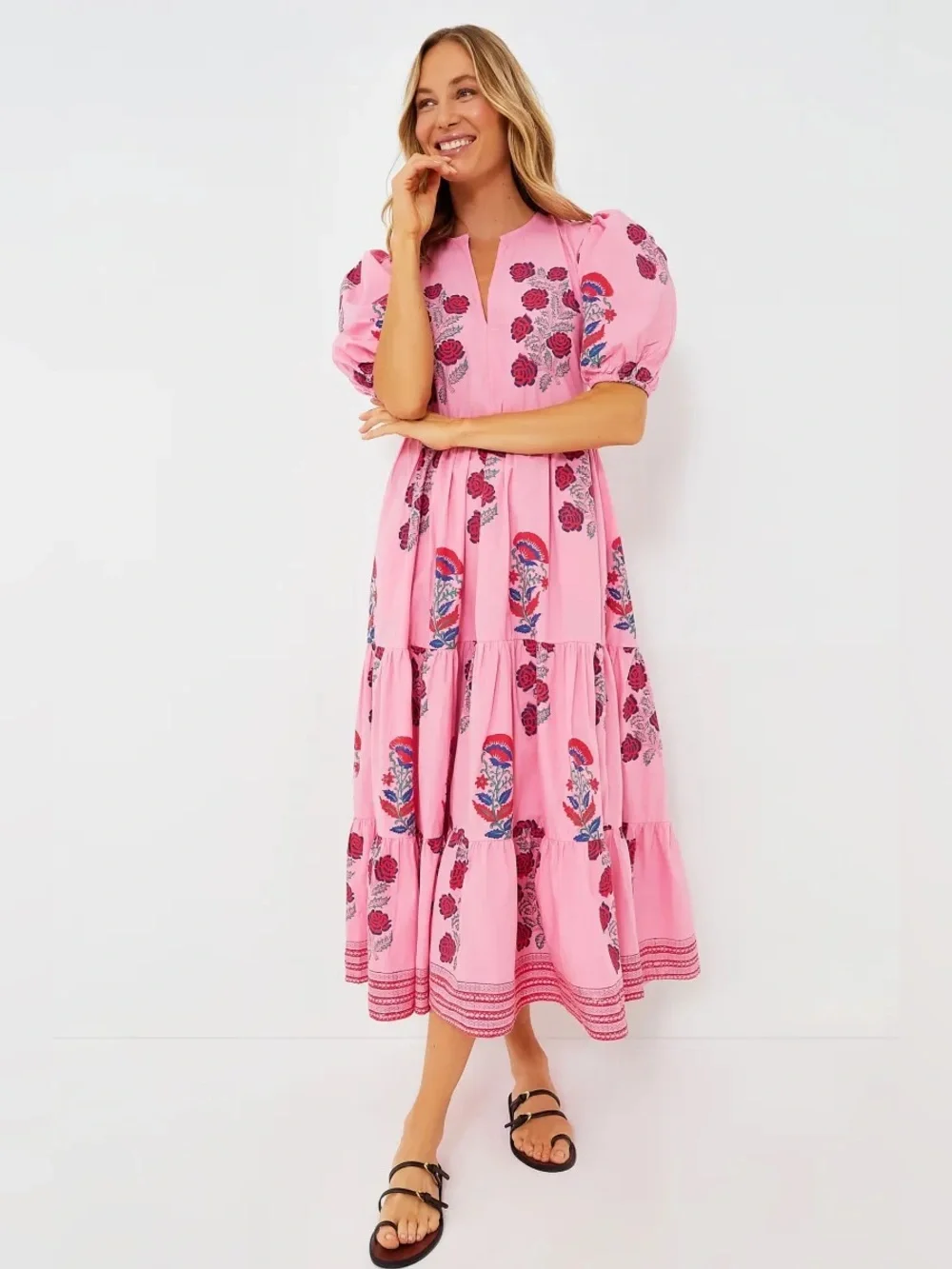 Oliphant Tuckernuck Boca Pink Puff Sleeve Maxi Midi Dress Tiered